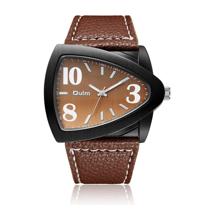 Men's casual triangle belt dial quartz watch with stainless steel bracelet in brown colour.