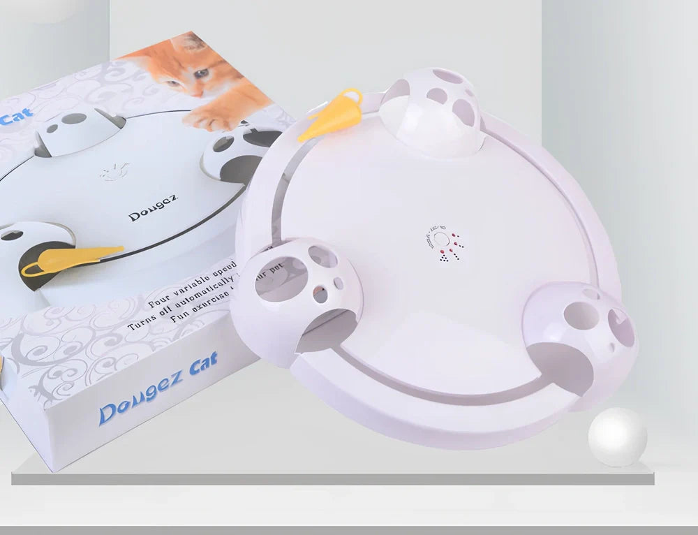 White automatic cat toy with 32cm rotating platform on hardwood floor