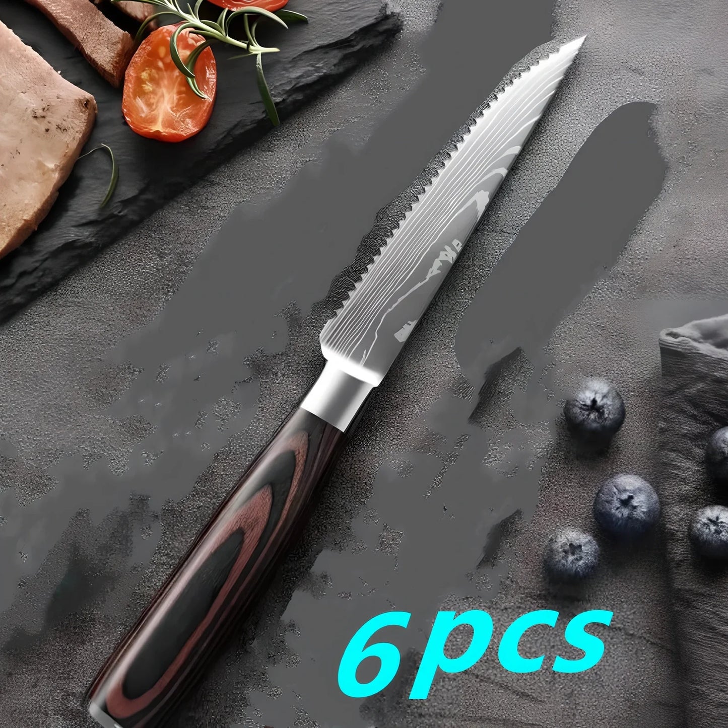 Coloured wooden handle steak knife with serrated stainless steel blade for cutting meats and fruits