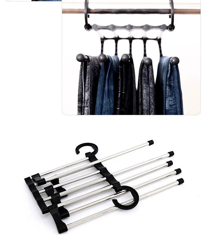 Five-boom stainless steel wardrobe hanger for trousers showing both level and vertical hanging methods