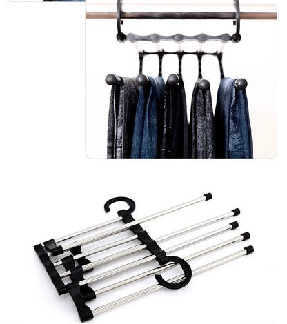 Five-boom stainless steel wardrobe hanger for trousers showing both level and vertical hanging methods