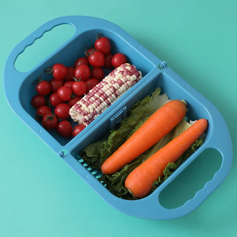 Folding drain basket for efficient fruit and vegetable cleaning with handle