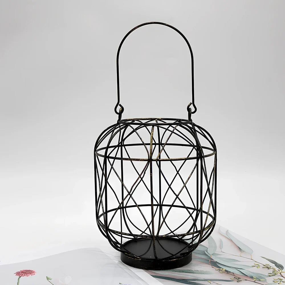 Geometric European style iron candlestick holder in gold or black, 20-21cm tall with baked paint finish