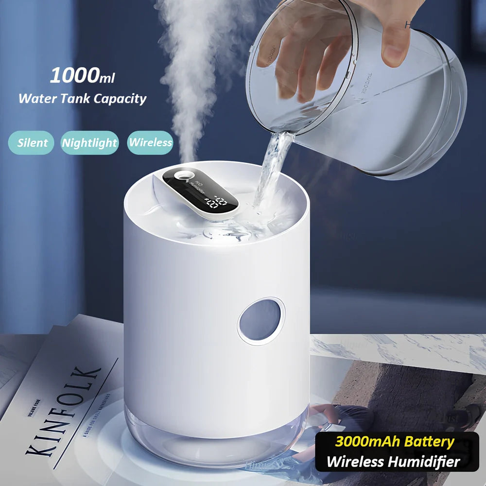 Wireless USB humidifier in blue, pink, or white colours with 1.0-2.5 litre water tank for rooms under 10 square metres