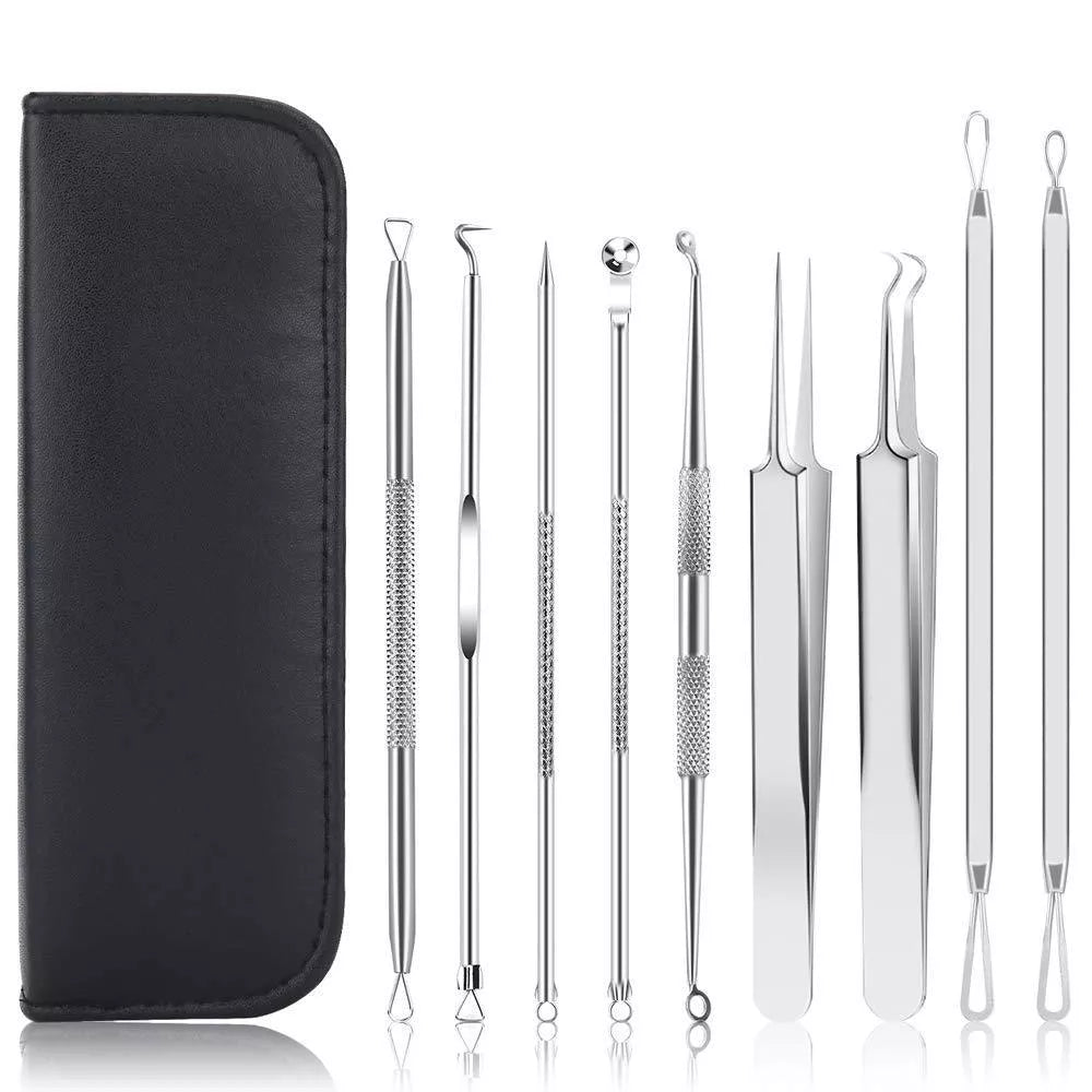 Stainless steel blackhead remover 9-piece set with leather case