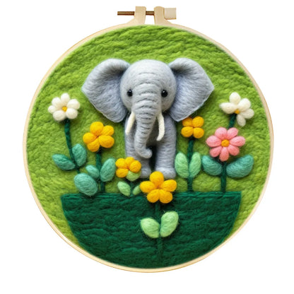 Round fabric embroidery kit with 20x20cm linen frame and wool felt for three-dimensional floral artwork