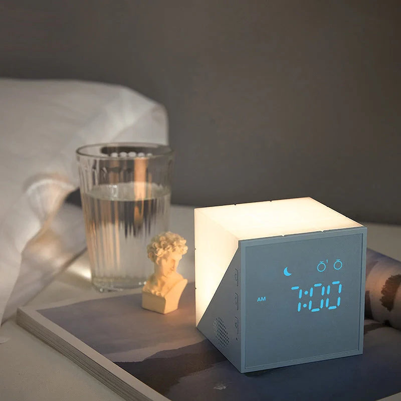 Time Cube Alarm Clock with LED light in blue, pink, or grey