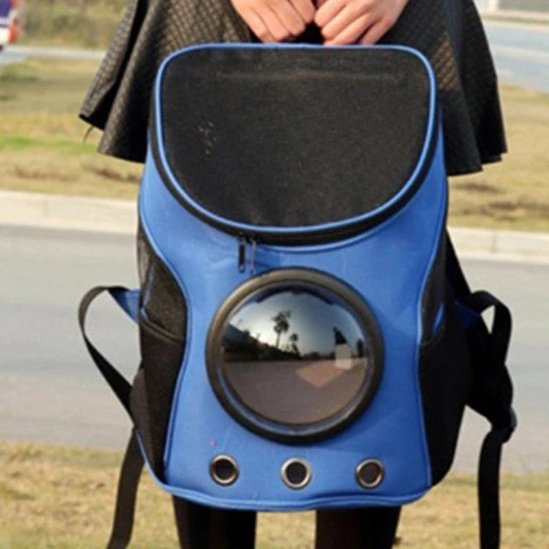 Astronaut-inspired pet carrier backpack with a space capsule design for safe and comfortable pet transportation