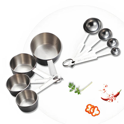Stainless steel measuring spoon and cup set with eight pieces in silver finish