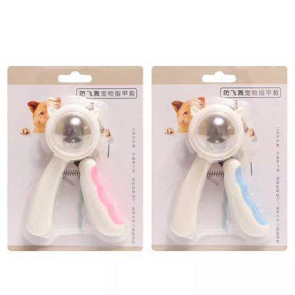 Splash-proof pet nail scissors in blue and pink for safe grooming