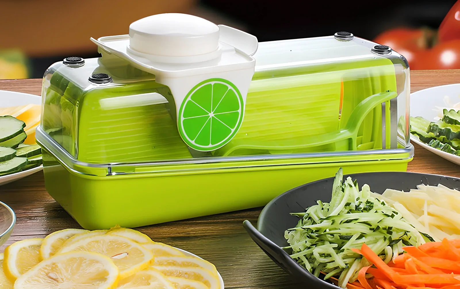 Multi-function stainless steel vegetable slicer with four blades, hand protector, and clear collection box, 26x10x10cm size