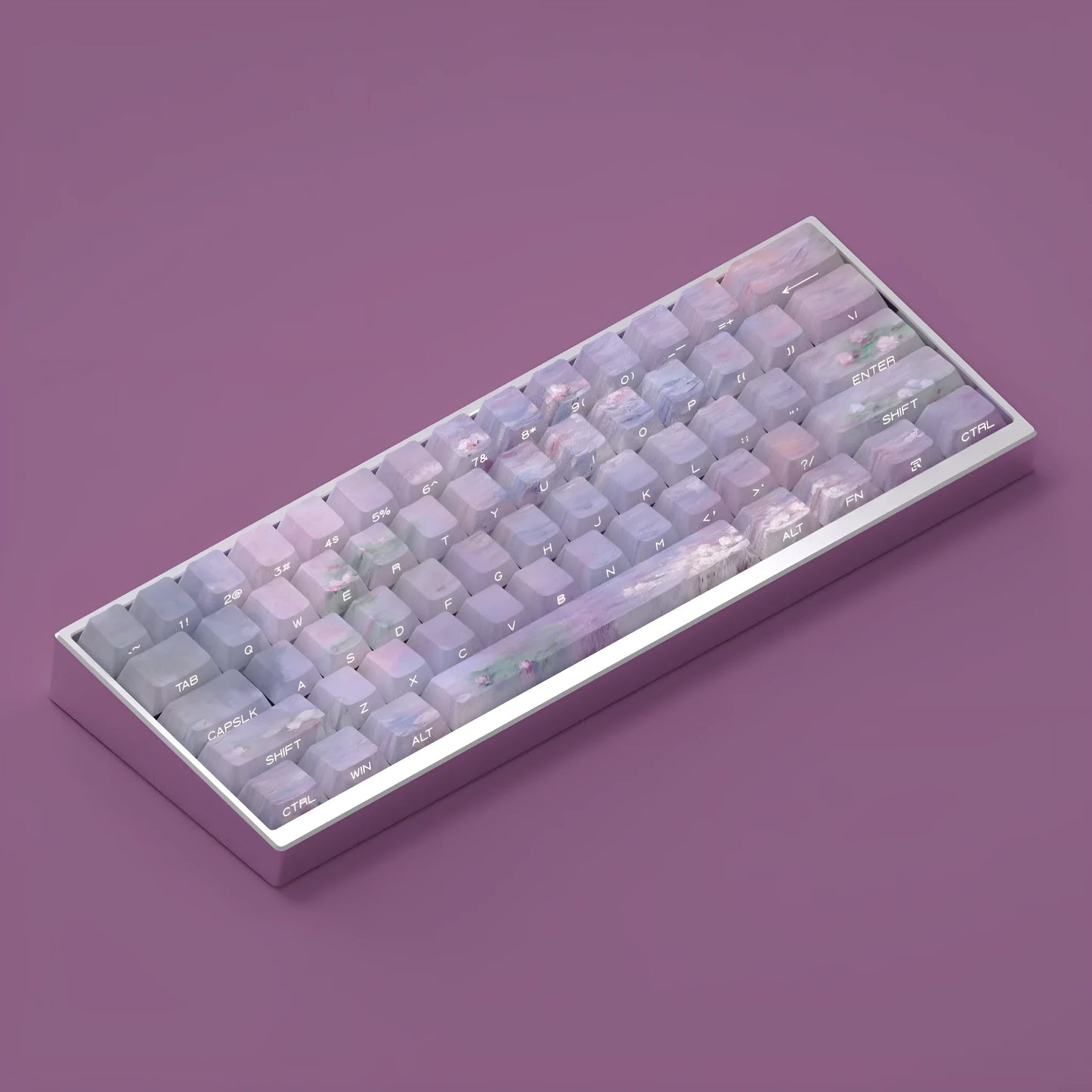 Wenshao Sleeping Lotus design PBT keycap set with side-carved translucent letters, 130 keys for mechanical keyboards.