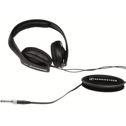 Black head-mounted stereo headphones with microphone and 3.5mm plug