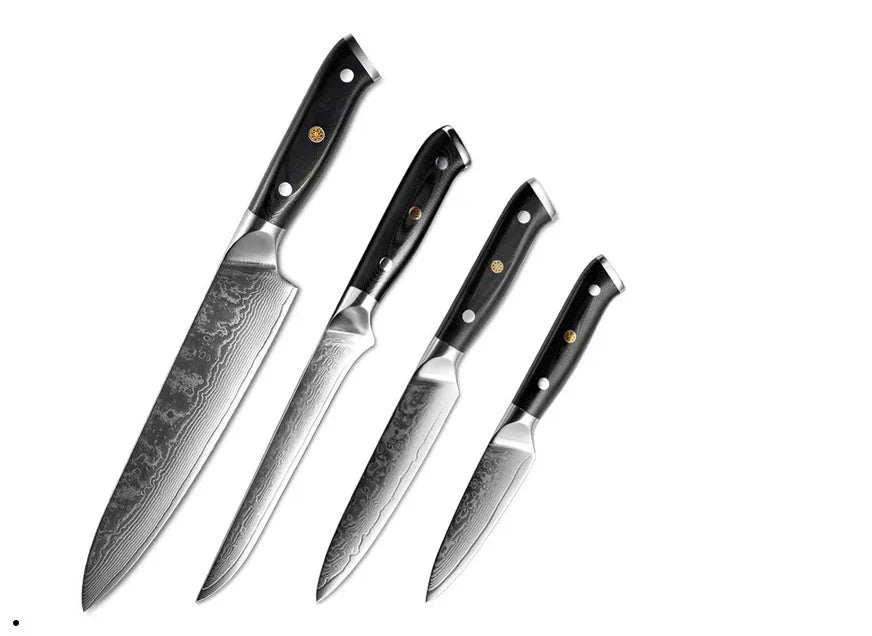 Japanese Damascus steel kitchen knife set with G10 handle, 67-layer blade