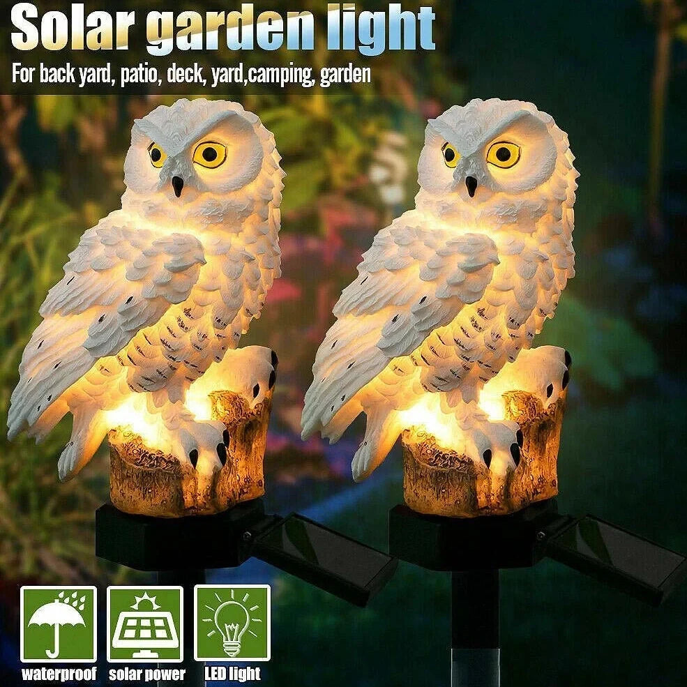 Solar owl garden light with realistic design standing 45cm tall, featuring LED illumination and solar panel