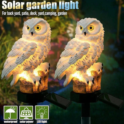 Solar owl garden light with realistic design standing 45cm tall, featuring LED illumination and solar panel