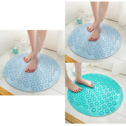 Textured round shower mat with anti-slip surface, massage nodules, and drainage holes for a comfortable and safe bathing experience