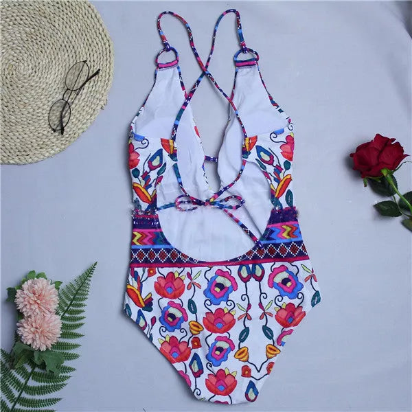 Floral bandage swimsuit with high elasticity and open back design