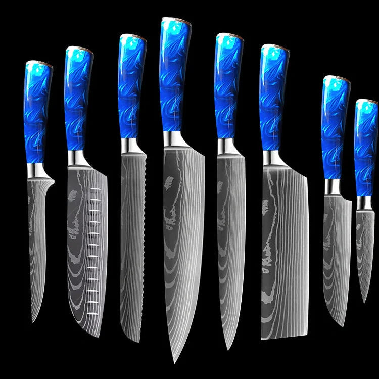 8-inch Chef Knife with vibrant blue resin handle, perfect for precision cutting in the kitchen.