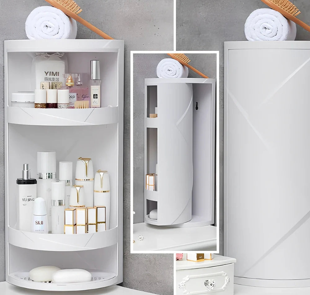 White triangle corner shelf with three tiers mounted in bathroom corner holding toiletries