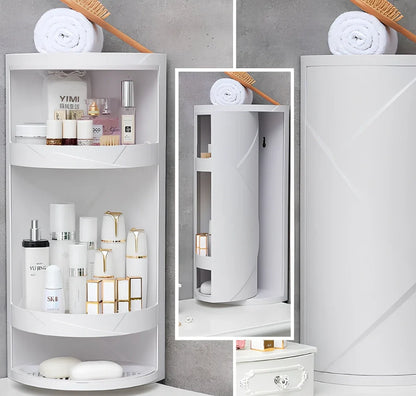 White triangle corner shelf with three tiers mounted in bathroom corner holding toiletries