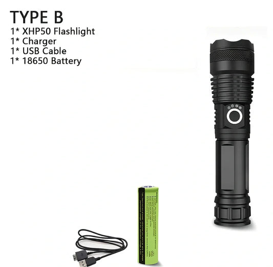 Black aviation aluminium LED torch with telescopic zoom lens showing extended and retracted positions