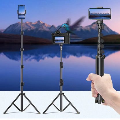 Black aluminium selfie stick tripod with telescopic sections extended