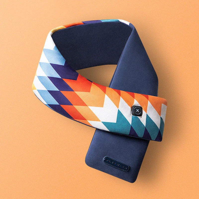 Heated USB-powered neck scarf with retro plaid pattern and temperature control settings