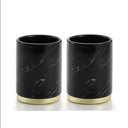 Ceramic bathroom set with bright glaze showing emulsion bottle, cup, toothbrush holder and soap dish