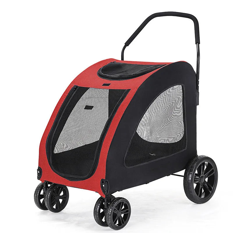 Foldable pet stroller for medium to large dogs in grey, blue, red, or black, with metal and cloth frame.