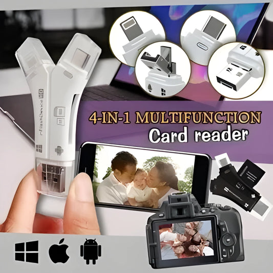 NK908 white 4-in-1 mobile card reader with USB, Lightning, Type-C and MicroUSB connectors
