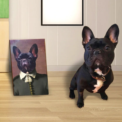 Personalised pet canvas portrait showing Renaissance-style transformation with frameless mounting