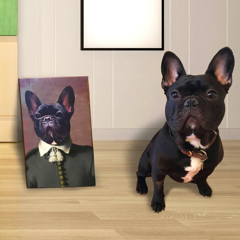 Personalised pet canvas portrait with your pet's image transformed into Renaissance artwork, available in five sizes from 20x25cm to 45x60cm using frameless mounting and spray painting techniques