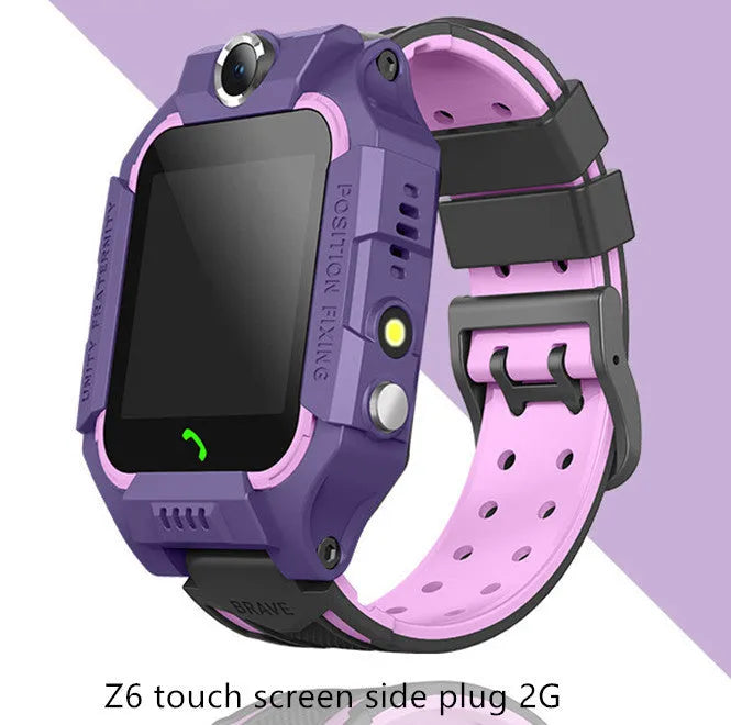 Z6 children smart watch with silicone strap, 128 x 128 touchscreen, and colour options in blue, pink, purple, and red