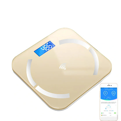 Youmei digital weight scale with 6mm tempered glass surface and blue backlit LCD display showing weight measurement