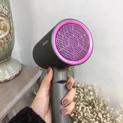 Mini hair dryer with diffuser in grey, red, or white, compact and portable for travel