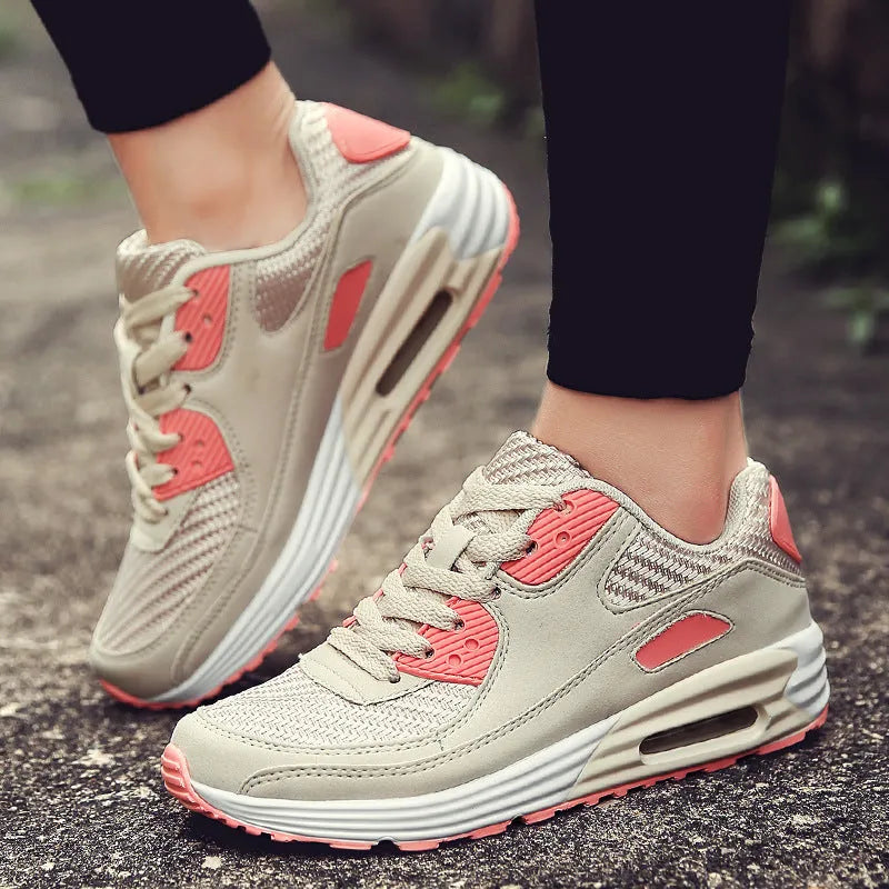 Women's casual shoes with a low heel in beige orange, grey, and pink purple colour options.