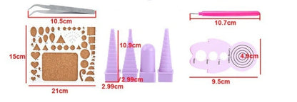 Paper craft kit showing gradient colour paper packs, paper winding disc, wave shaper, and tools in storage box