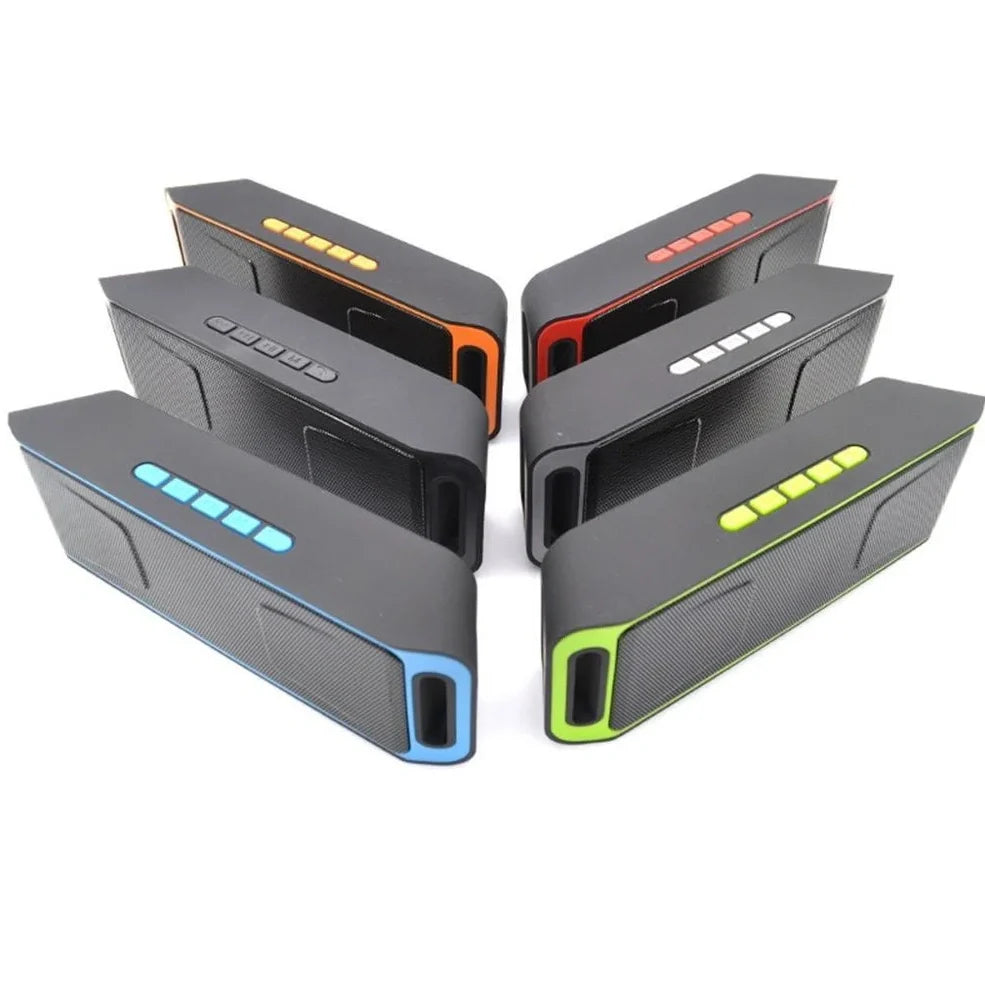 Blue portable Bluetooth speaker with dual speakers showing dimensions 20x6.5x4cm