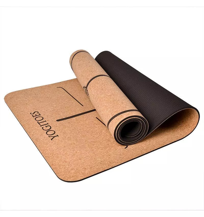 Cork and TPE yoga mat with asana guide lines, 183cm x 65cm x 6mm