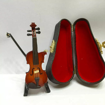 Handmade basswood miniature violin with bow stand and wooden box, perfect for photography props