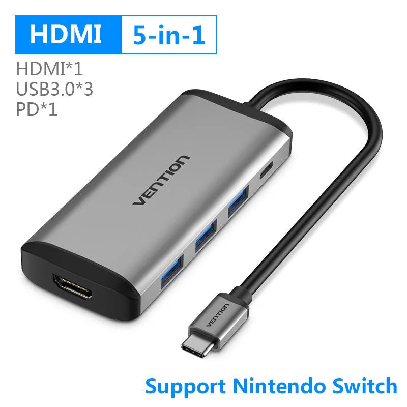 Deep grey Type-C to HDMI, USB, Ethernet, and card reader hub with 0.15m cable on a laptop