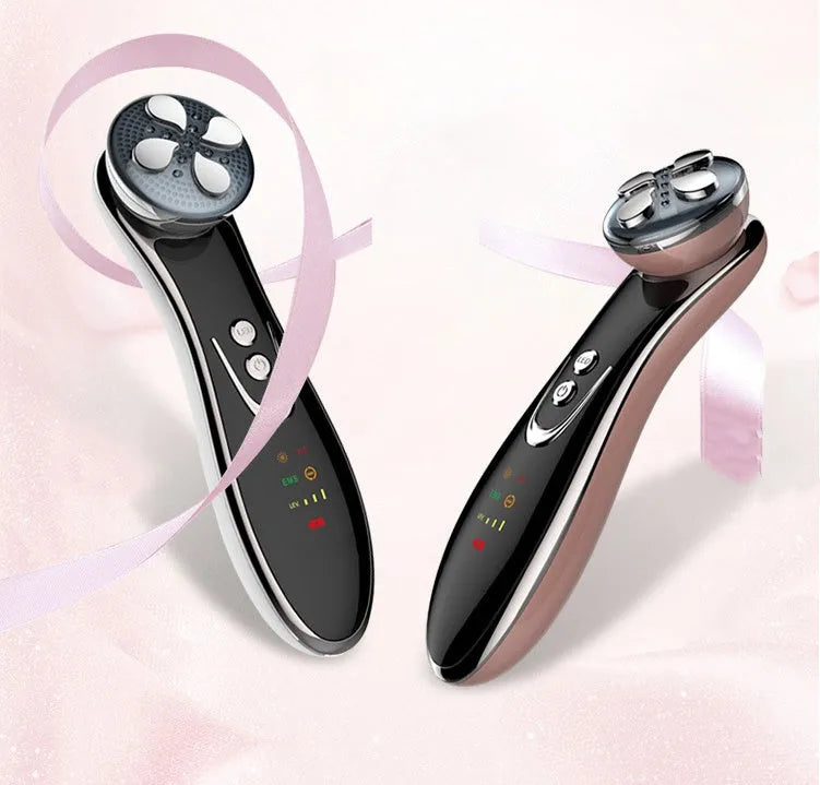 Vibration beauty instrument with medical anti-allergy steel probe, RF EMS sonic vibration and colour light, in rose gold or white