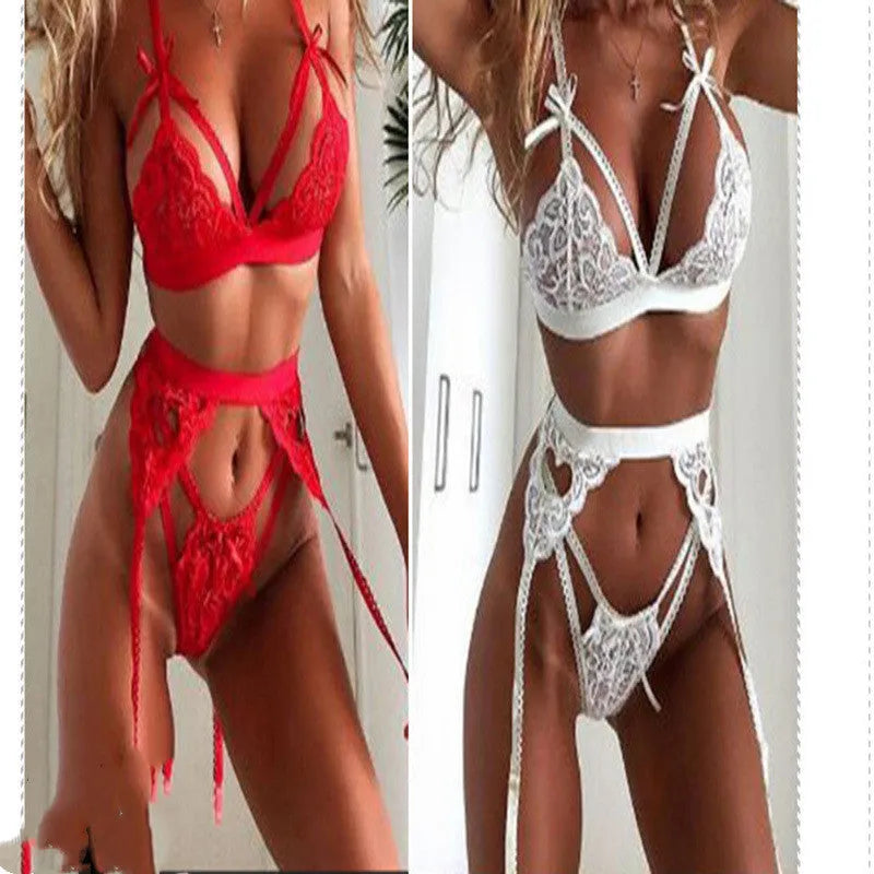 Red and white lace lingerie set for women with cute girl style design