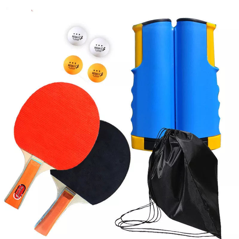 Retractable and portable table tennis racket set with anti-adhesive rubber, includes rackets, balls, net, and bag