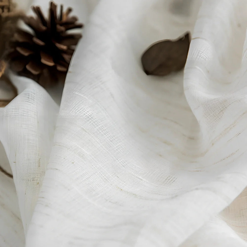 White Nordic linen curtain panel, hemp polyester blend, 1.0m width by 1.3m height, plain pattern for light diffusion