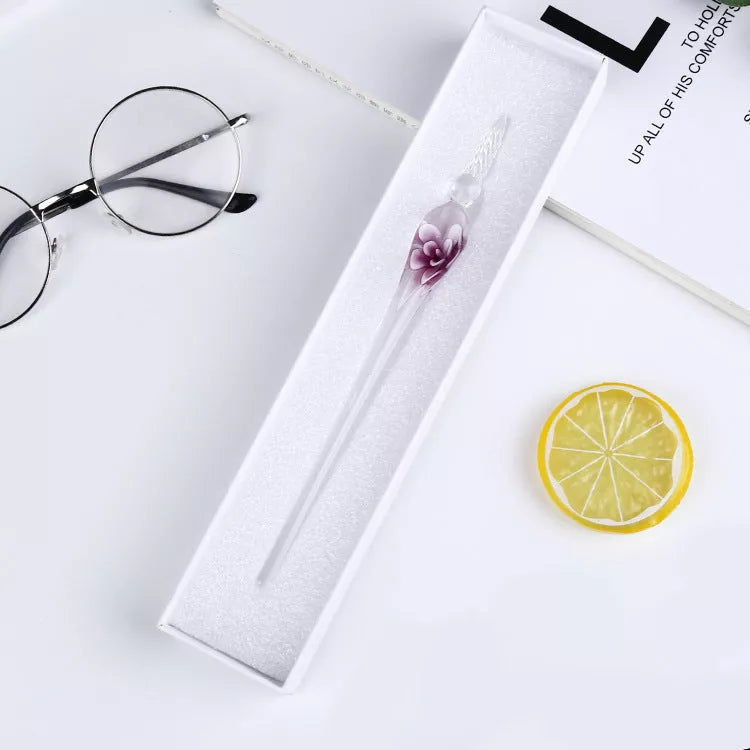 Crystal Flower Glass Dip Pen Set with elegant floral design and smooth writing nib