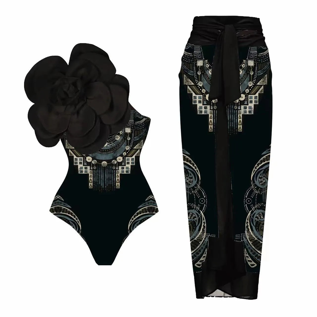 Women's polyester one-piece swimsuit in floral print with wrap skirt styling option