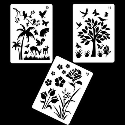 White plastic reusable stencil template with geometric patterns for DIY painting and crafts.