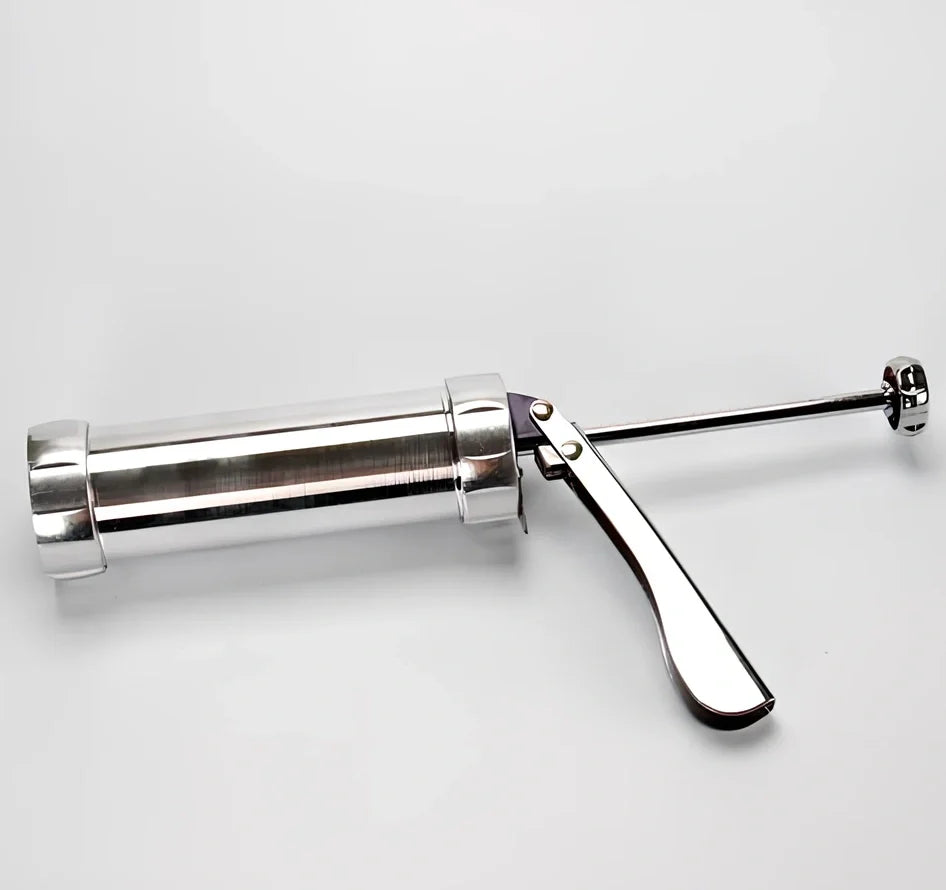 Stainless steel cookie press with 20 pattern discs for making uniform biscuits